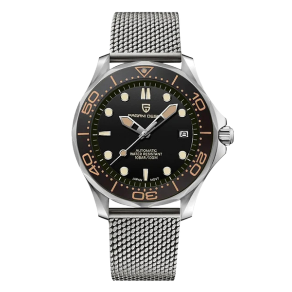 Pagani Design Silver Mesh Bracelet Black Dial Automatic Watch for Gents - PD1667