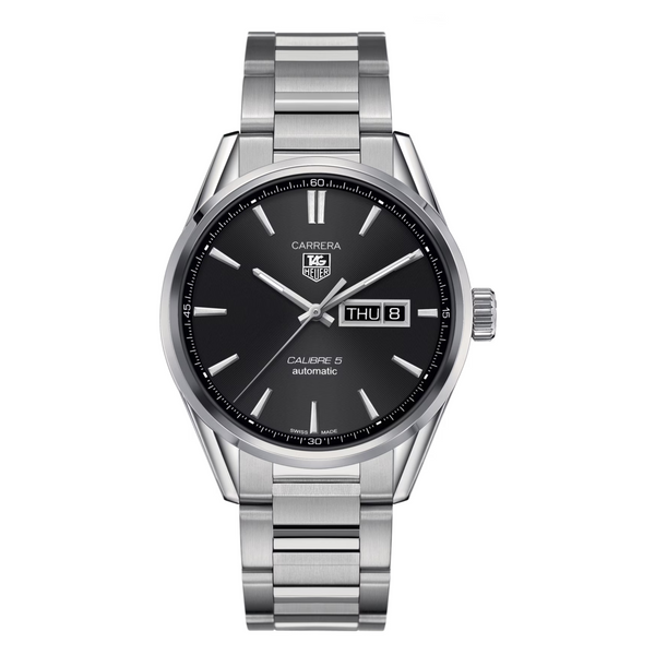 Tag Heuer Carrera Calibre 5 Silver Stainless Steel Black Dial Automatic Watch for Gents - WAR201A.BA0723