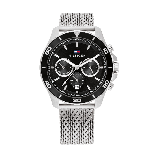 Tommy Hilfiger Jordan Silver Mesh Bracelet Black Dial Chronograph Quartz Watch for Gents - 1792092