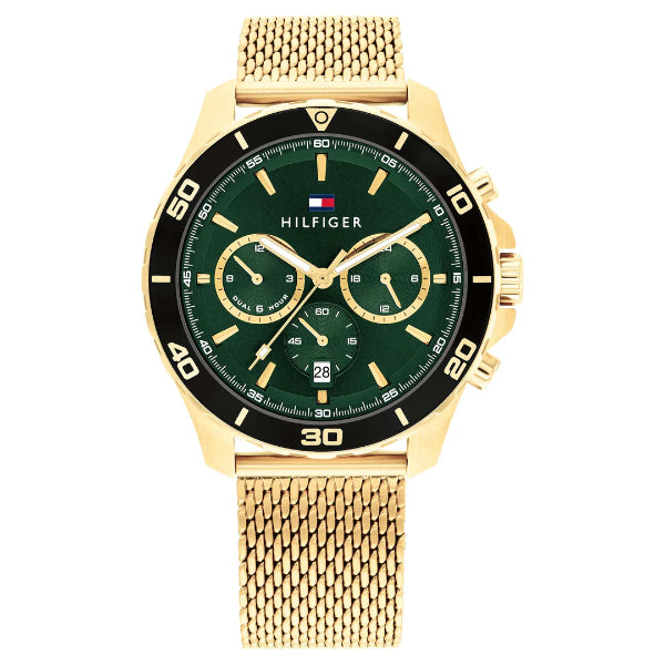 Tommy Hilfiger Jordan Gold Mesh Bracelet Green Dial Chronograph Quartz Watch for Gents - 1792093