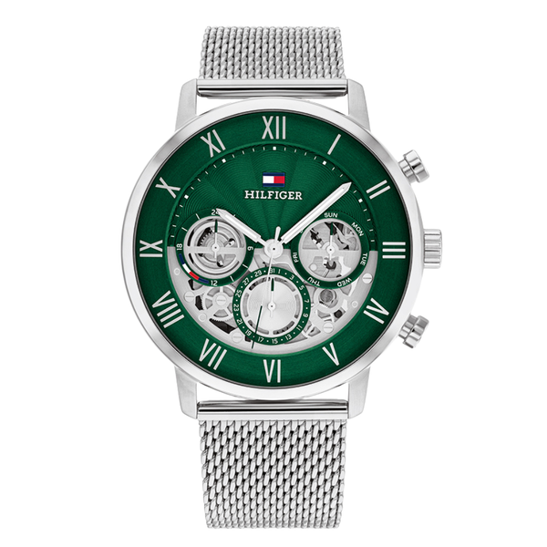 Tommy Hilfiger Silver Mesh Bracelet Green Dial Chronograph Quartz Watch for Gents - 1710567