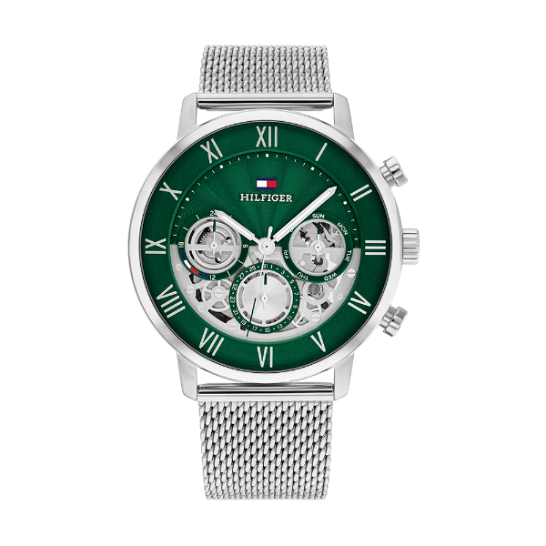 Tommy Hilfiger Silver Mesh Bracelet Green Dial Chronograph Quartz Watch for Gents - 1710567