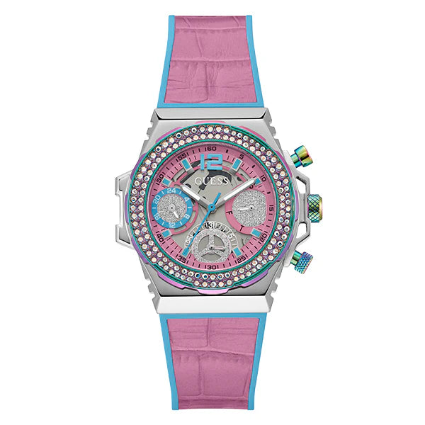 Guess Fusion Pink Leather Strap Pink Dial Chronograph Quartz Watch for Ladies - GW0553L5