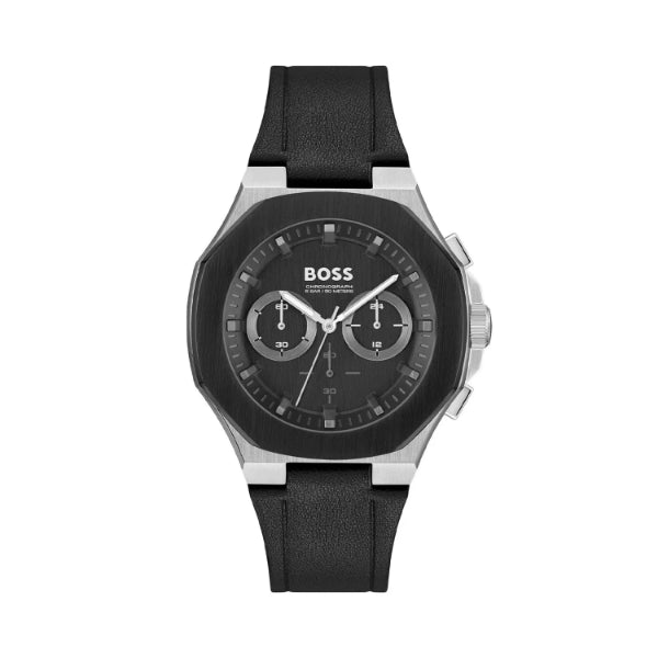 Hugo Boss Taper Black Leather Strap Black Dial Chronograph Quartz Watch for Gents - 1514085