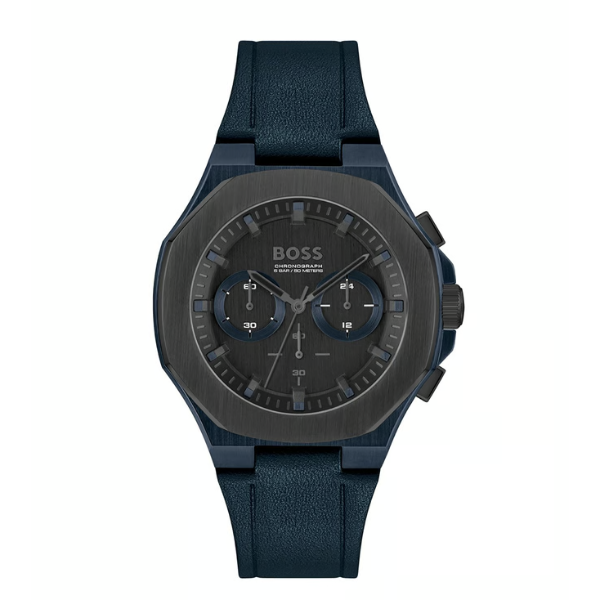 Hugo Boss Taper Blue Leather Strap Black Dial Chronograph Quartz Watch for Gents - 1514086