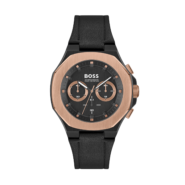 Hugo Boss Taper Black Leather Strap Black Dial Chronograph Quartz Watch for Gents - 1514089