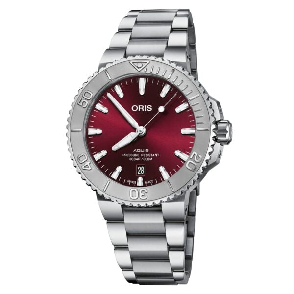 Oris Aquis Silver Stainless Steel Red Dial Automatic Watch for Gents - 0173377304158078245PEB