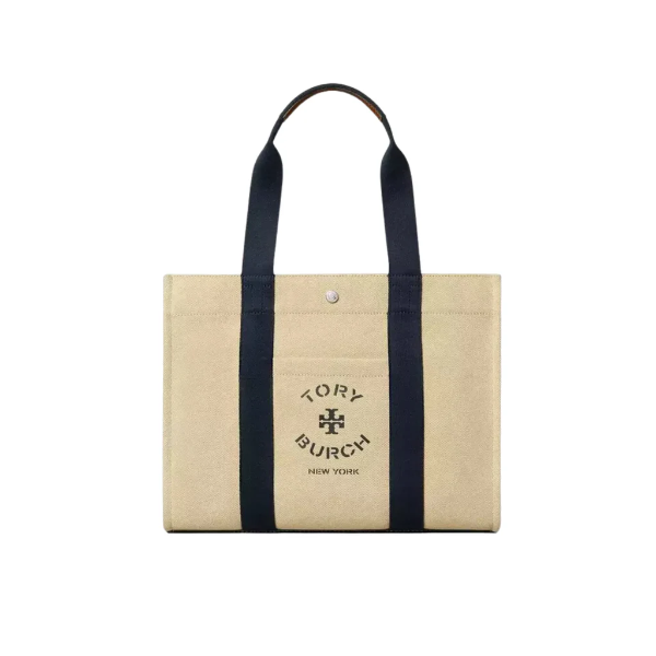 Tory Burch Logo Print Canvas Tote Bag Natural