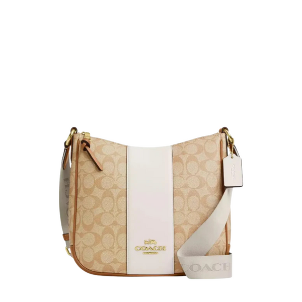 Coach Ellie File Bag In Signature Canvas With Stripe Light Khaki/White Strap  - CR124