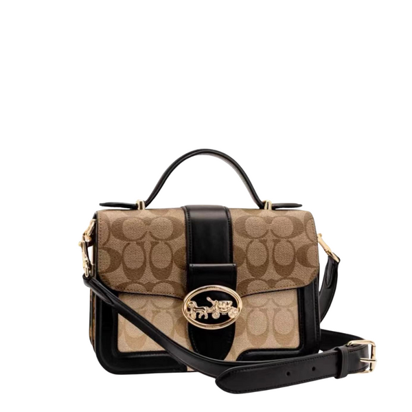 Coach Small Georgie Top Handle In Blocked Signature Black/Brown Canvas Leather - C6192