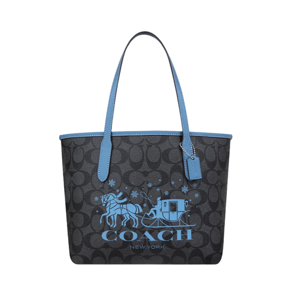 Coach Zip Top Tote Bag In Signature Graphite Light Mist Canvas Leather With Horse And Sleigh - CN626