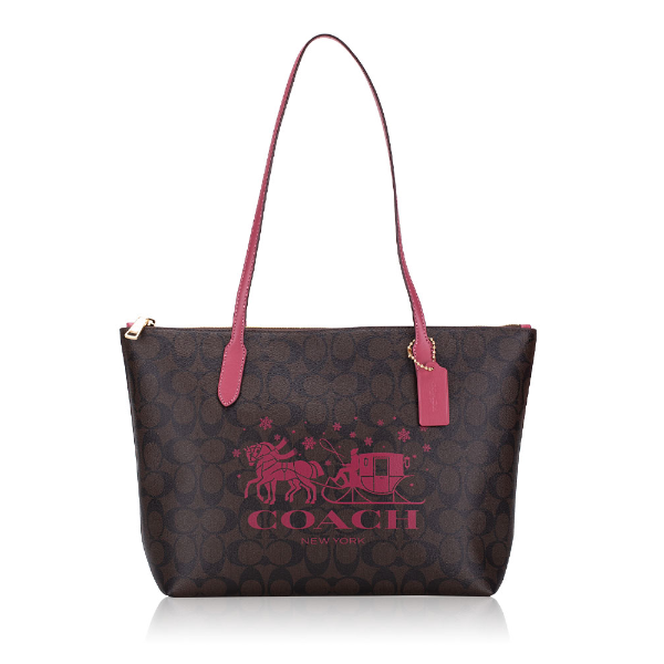 Coach Zip Top Tote Bag In Signature Dark Brown Canvas Leather With Horse And Sleigh - CN626