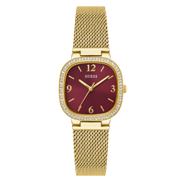 Guess Tapestry Gold Mesh Bracelet Red Dial Quartz Watch for Ladies - GW0354L4