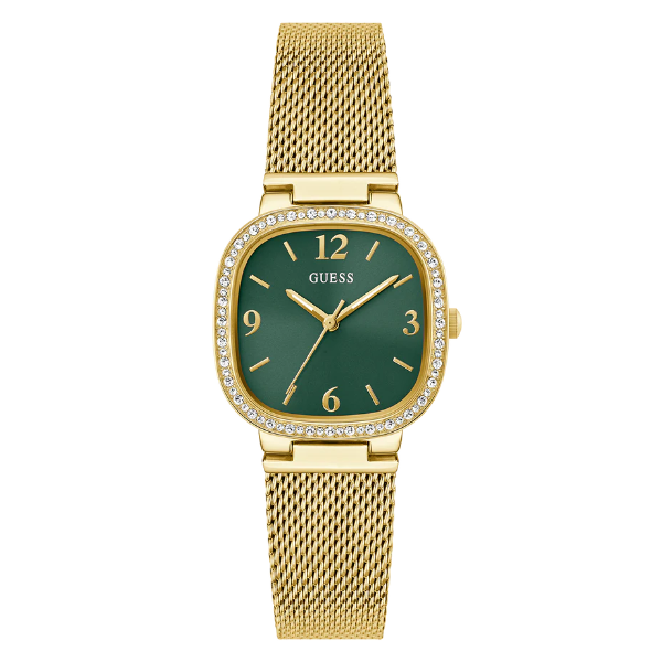 Guess Tapestry Gold Mesh Bracelet Green Dial Quartz Watch for Ladies - GW0354L5