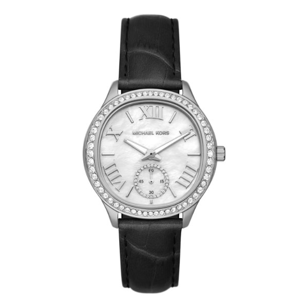 Michael Kors Sage Black Leather Strap Mother Of Pearl Dial Quartz Watch for Ladies - MK4821