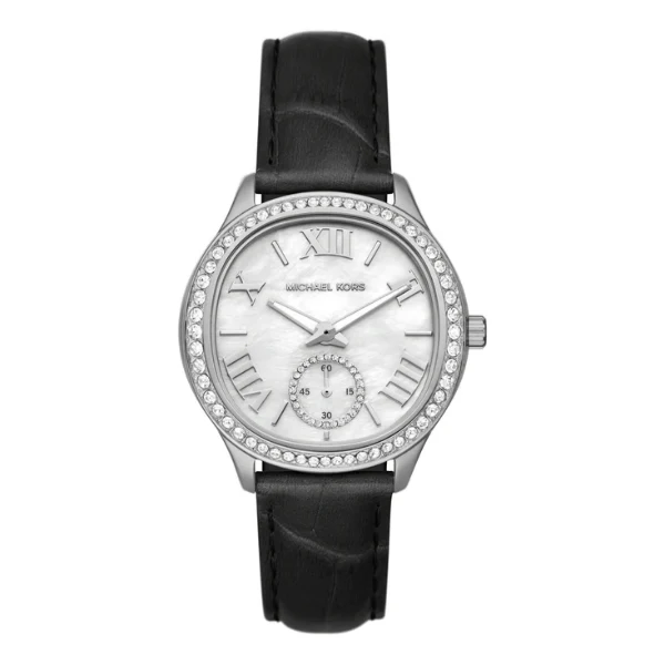Michael Kors Sage Black Leather Strap Mother Of Pearl Dial Quartz Watch for Ladies - MK4821