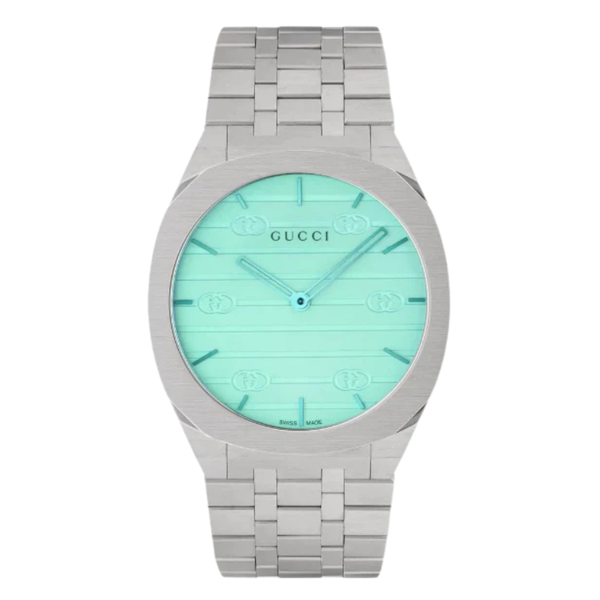 Gucci 25H Silver Stainless Steel White/ GG Motif/Ocean Blue Glass Dial Quartz Unisex Watch - YA163409