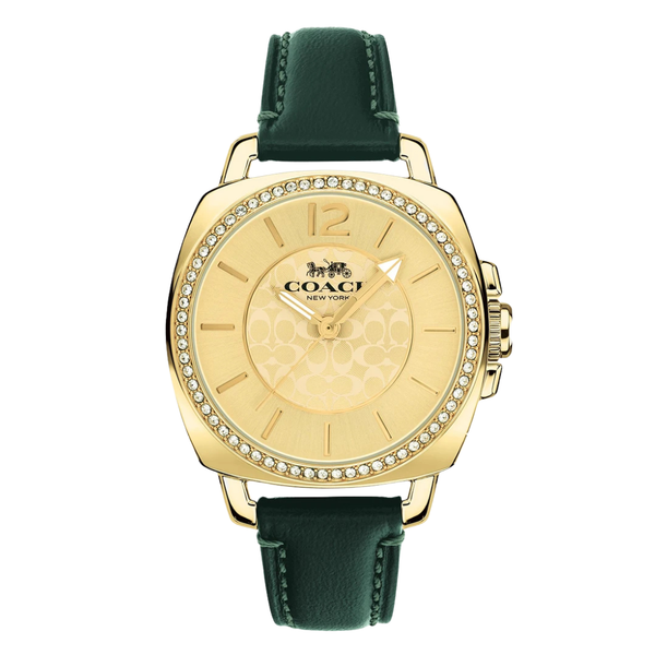 Coach Boyfriend Green Leather Strap Gold Dial Quartz Watch for Ladies - 14503982