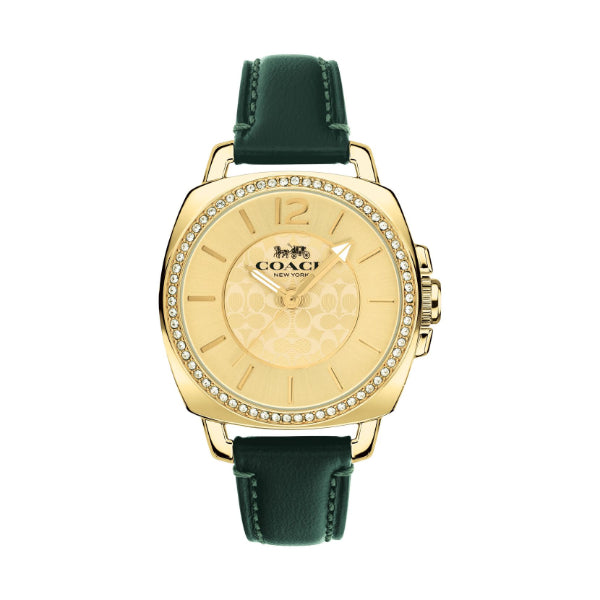 Coach Boyfriend Green Leather Strap Gold Dial Quartz Watch for Ladies - 14503982