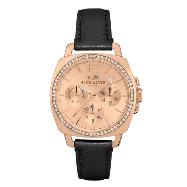 Coach Boyfriend Black Leather Strap Rose Gold Dial Quartz Watch for Ladies - 14502125