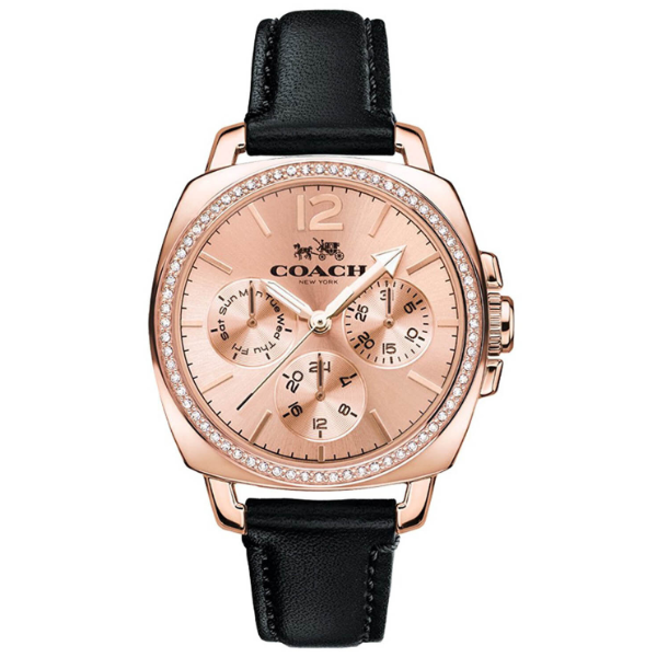 Coach Boyfriend Black Leather Strap Rose Gold Dial Quartz Watch for Ladies - 14502125