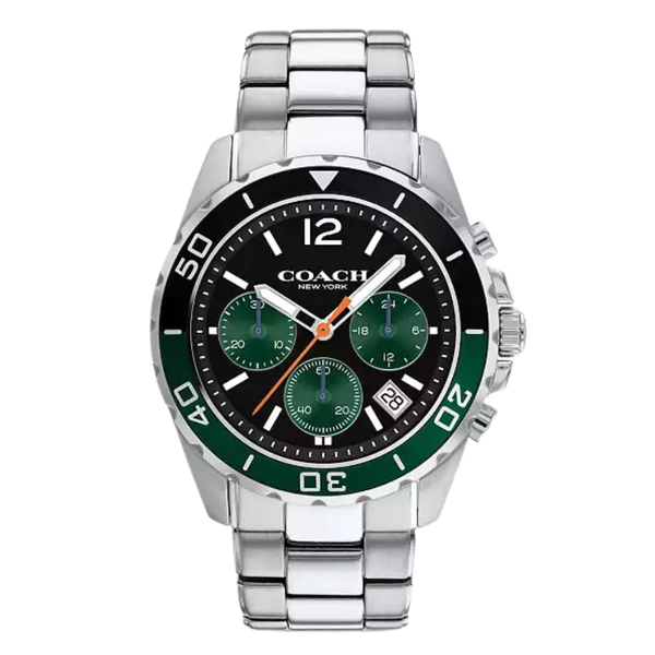 Coach Kent Silver Stainless Steel Black/Green Dial Chronograph Quartz Watch for Gents - 14602557