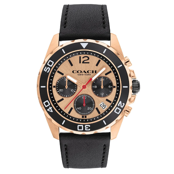 Coach Kent Black Leather Strap Rose Gold Dial Chronograph Quartz Watch for Gents - 14602559