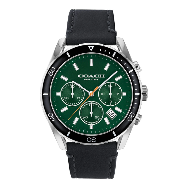 Coach Preston Black Leather Strap Green Dial Chronograph Quartz Watch for Gents - 14602512