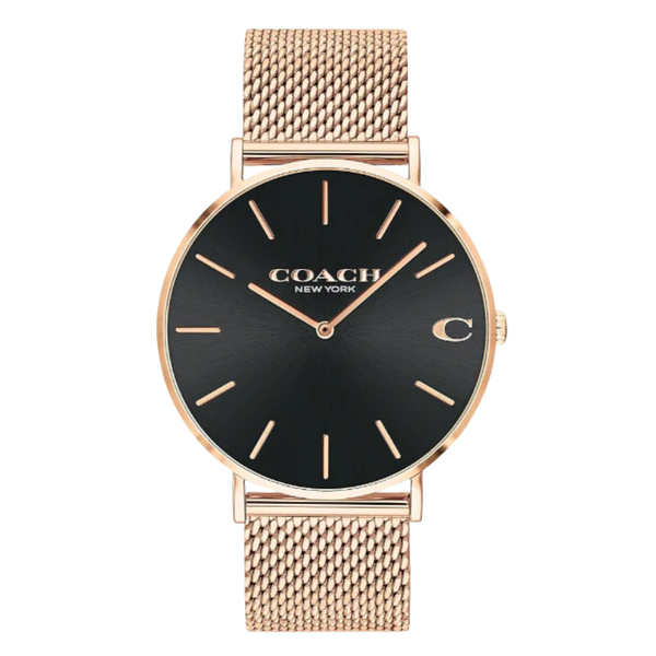 Coach Charles Rose Gold Mesh Bracelet Black Dial Quartz Watch for Gents - 14602552