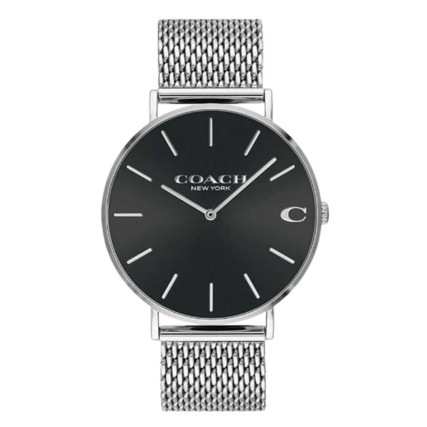 Coach Charles Silver Mesh Bracelet Black Dial Quartz Watch for Gents - 14602144