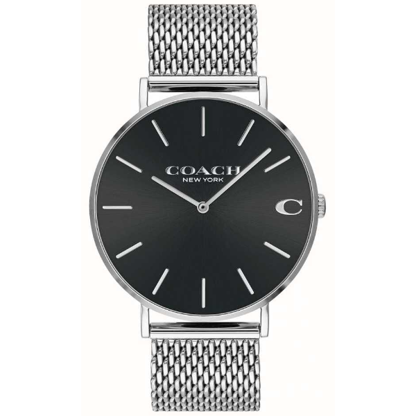 Coach Charles Silver Mesh Bracelet Black Dial Quartz Watch for Gents - 14602144