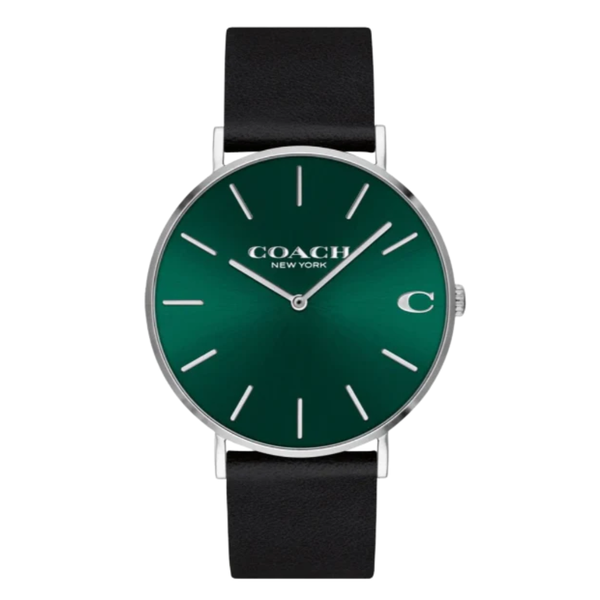 Coach Charles Black Leather Strap Green Dial Quartz Watch for Gents - 14602436