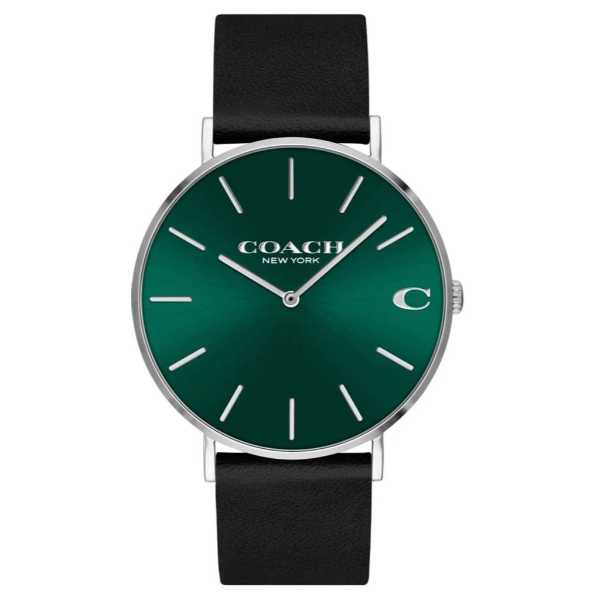 Coach Charles Black Leather Strap Green Dial Quartz Watch for Gents - 14602436