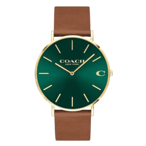 Coach Charles Brown Leather Strap Green Dial Quartz Watch for Gents - 14602435