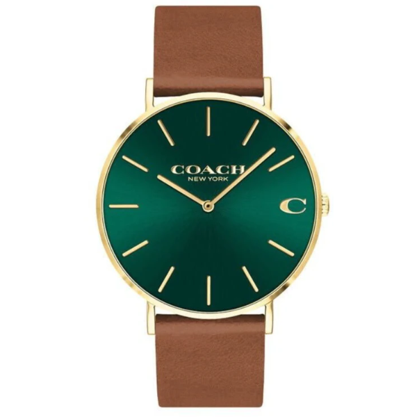 Coach Charles Brown Leather Strap Green Dial Quartz Watch for Gents - 14602435