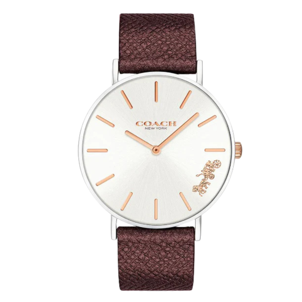 Coach Perry Burgundy Leather Strap Silver Dial Quartz Watch for Ladies - 14503154