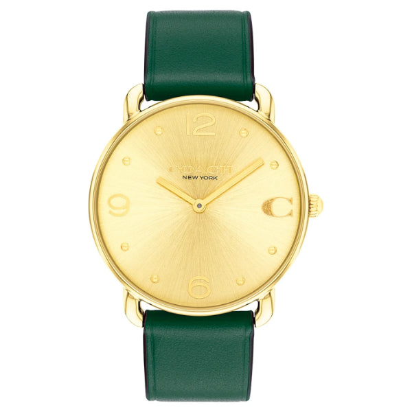 Coach Elliot Green Leather Strap Gold Dial Quartz Watch for Ladies - 14504202