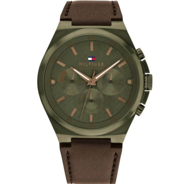 Tommy Hilfiger Dexter Brown Leather Strap Green Dial Chronograph Quartz Watch for Gents - 1792085