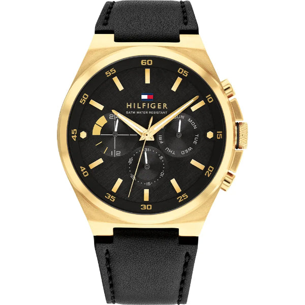 Tommy Hilfiger Dexter Black Leather Strap Black Dial Chronograph Quartz Watch for Gents - 1792086