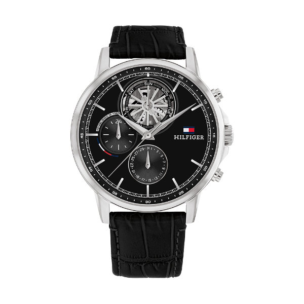 Tommy Hilfiger Stewart Black Leather Strap Black Dial Chronograph Quartz Watch for Gents - 1710605