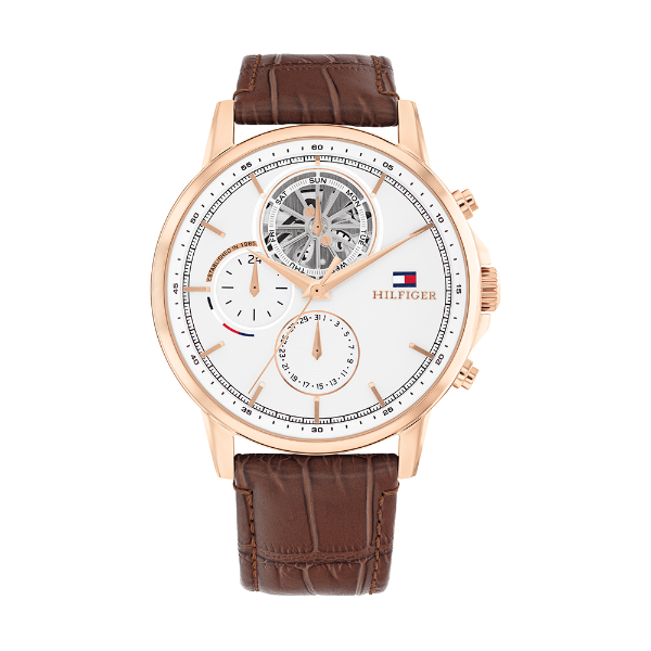 Tommy Hilfiger Stewart Brown Leather Strap White Dial Chronograph Quartz Watch for Gents - 1710606