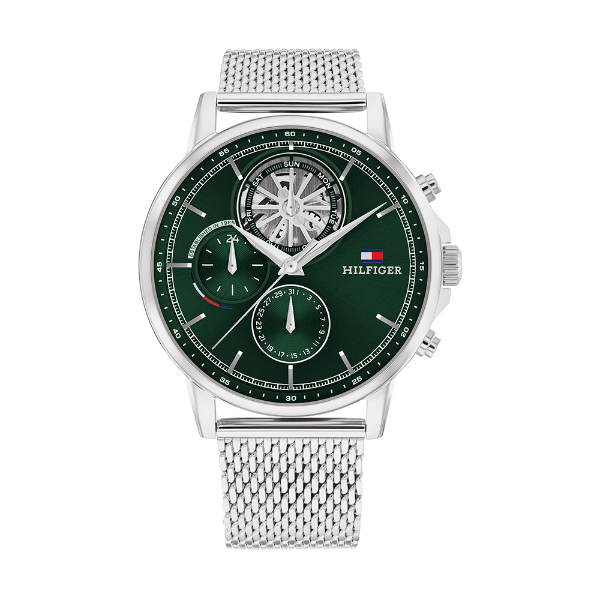 Tommy Hilfiger Stewart Silver Mesh Bracelet Green Dial Chronograph Quartz Watch for Gents - 1710608