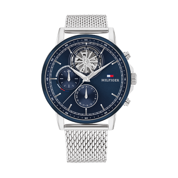 Tommy Hilfiger Stewart Silver Mesh Bracelet Blue Dial Chronograph Quartz Watch for Gents - 1710609