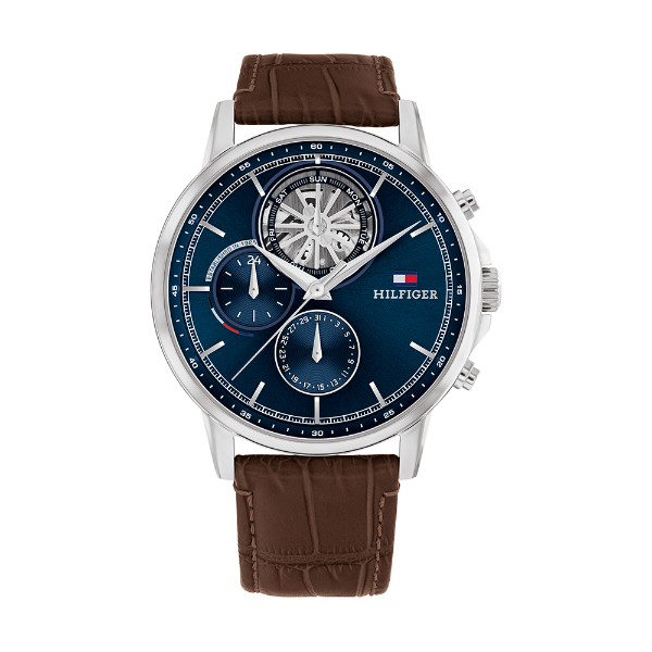 Tommy Hilfiger Stewart Brown Leather Strap Blue Dial Chronograph Quartz Watch for Gents - 1710629