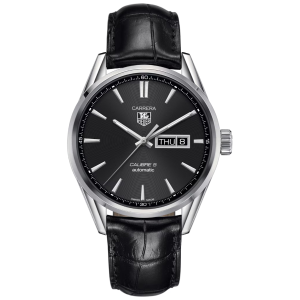 Tag Heuer Calibre 5 Black Leather Strap Black Dial Automatic Watch for Gents - WAR201A.FC6266