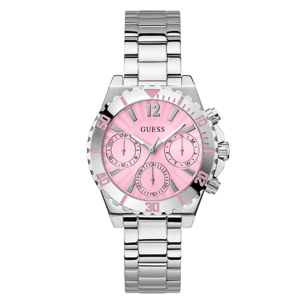 Guess Phoebe Silver Stainless Steel Pink Dial Chronograph Quartz Watch for Ladies - GW0696L1