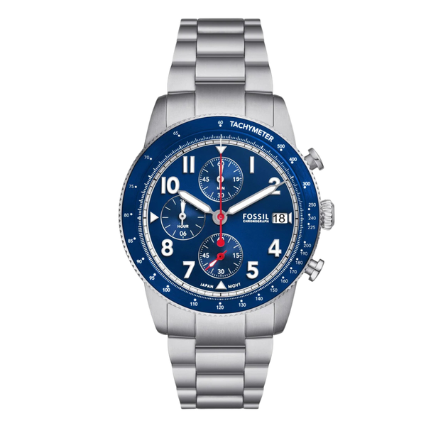 Fossil Sport Tourer Silver Stainless Steel Blue Dial Chronograph Quartz Watch for Gents - FS6047