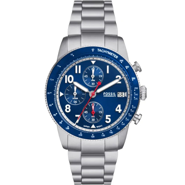 Fossil Sport Tourer Silver Stainless Steel Blue Dial Chronograph Quartz Watch for Gents - FS6047