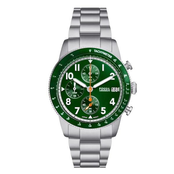 Fossil Sport Tourer Silver Stainless Steel Green Dial Chronograph Quartz Watch for Gents - FS6048
