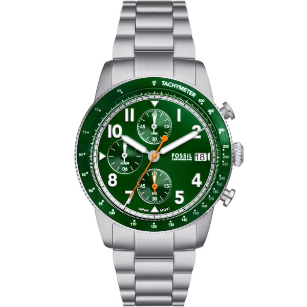 Fossil Sport Tourer Silver Stainless Steel Green Dial Chronograph Quartz Watch for Gents - FS6048